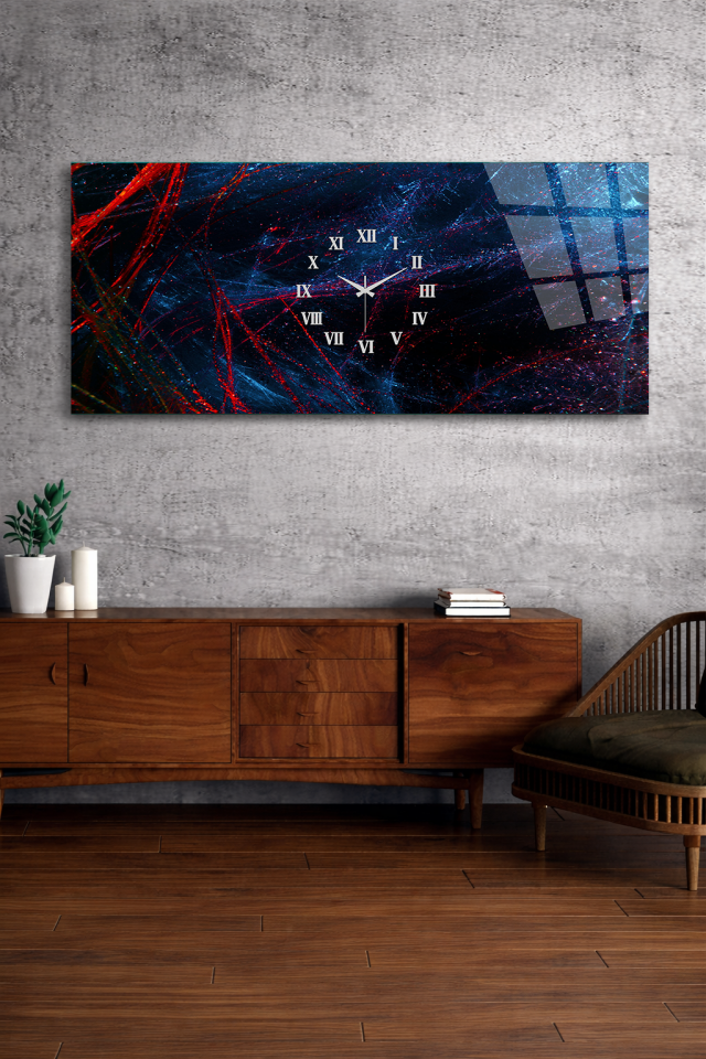 KIRILMAZ CAM DUVAR SAATİ , HEM TABLO HEM SAAT SİYAH KIRMIZI SOYUT ÇİZGİLER EV OFİS HEDİYESİ