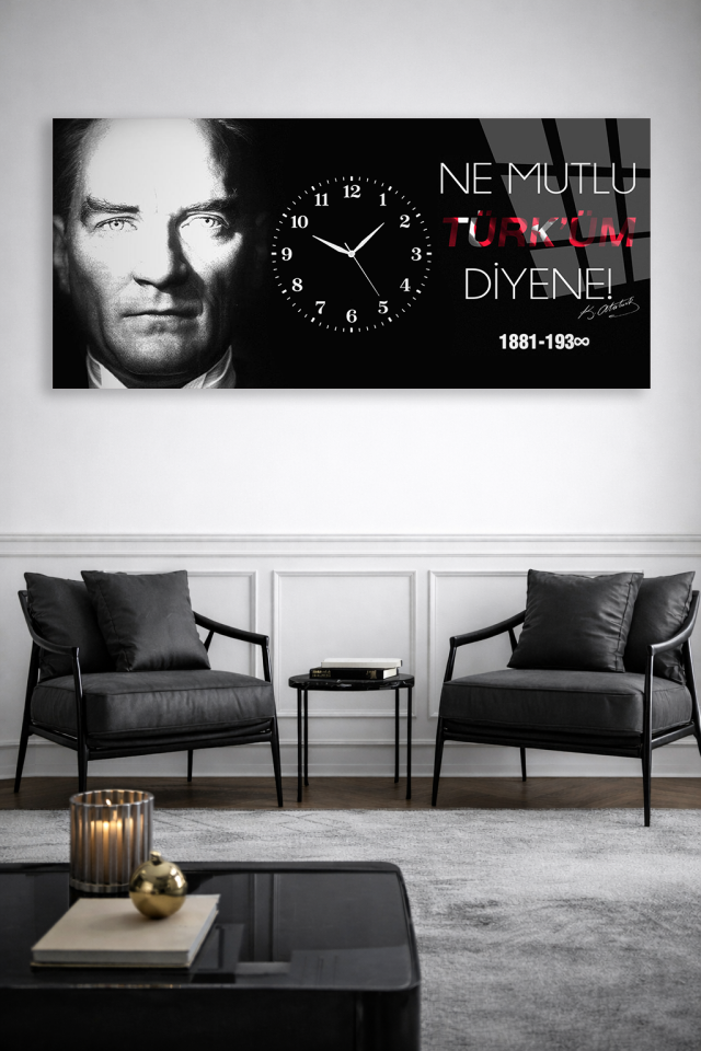 KIRILMAZ CAM DUVAR SAATİ , HEM TABLO HEM SAAT ATATÜRK NE MUTLU TÜRKÜM DİYENE EV OFİS HEDİYESİ