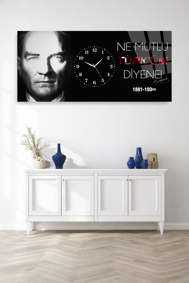KIRILMAZ CAM DUVAR SAATİ , HEM TABLO HEM SAAT ATATÜRK NE MUTLU TÜRKÜM DİYENE EV OFİS HEDİYESİ