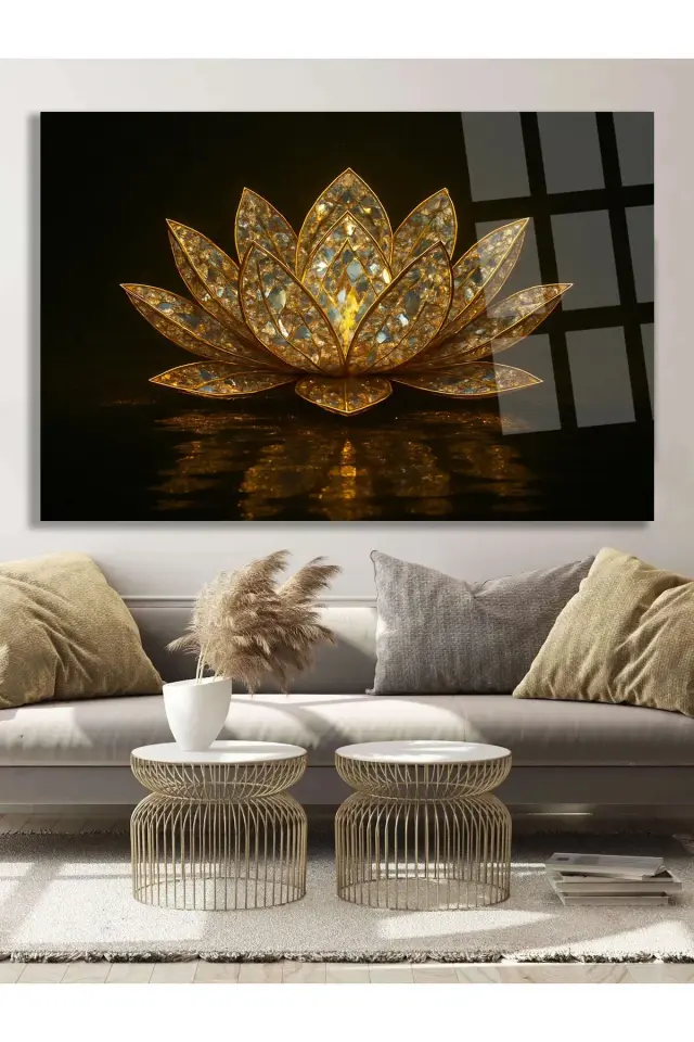 Elmas Lotus Tasarımı Yatay Cam Tablo – Salon, Yatak Odası, Ofis İçin Şık Duvar Tablosu Siyah