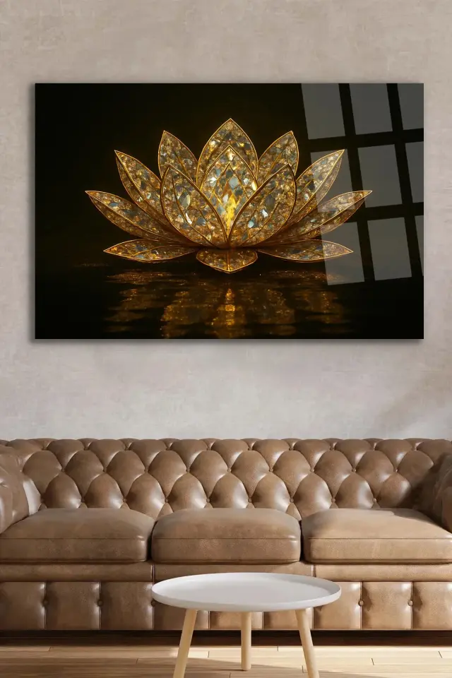 Elmas Lotus Tasarımı Yatay Cam Tablo – Salon, Yatak Odası, Ofis İçin Şık Duvar Tablosu Siyah
