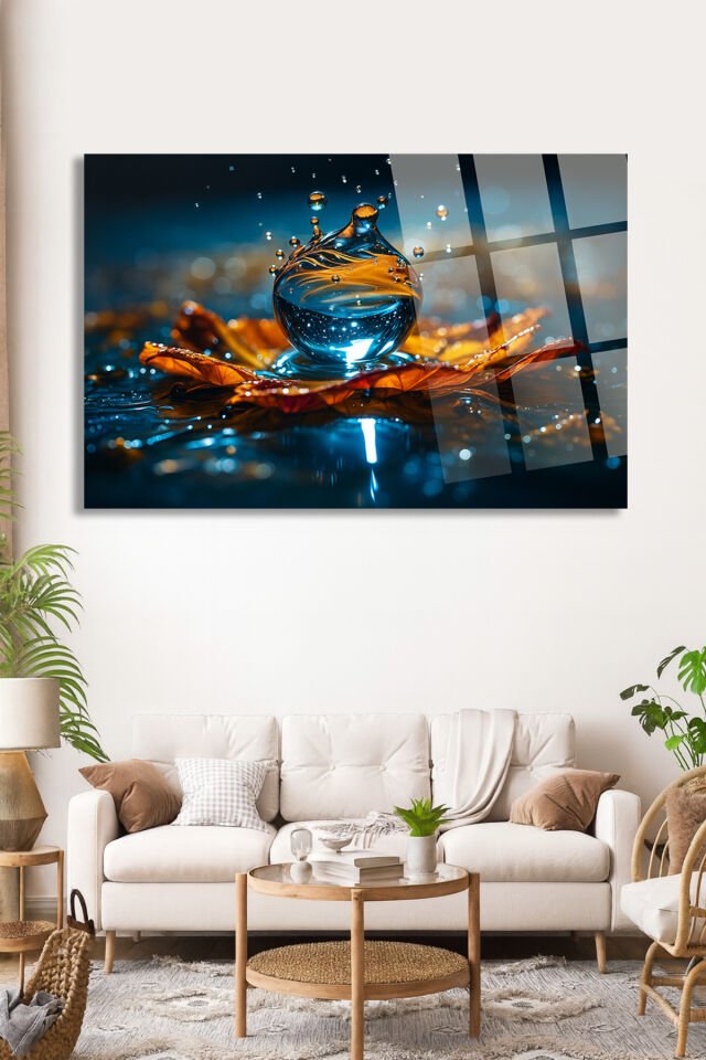 PARILTILI SU DAMLASI VE YAPRAK DETAYLI MODERN EV HEDİYESİ TABLO ULTRA ŞIK KIRILMAZ LÜKS CAM TABLO Turuncu