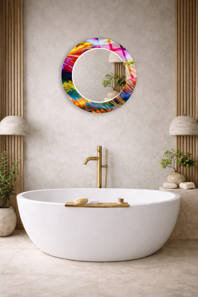 HEM TABLO HEM AYNA SOYUT RENK DALGALARI TASARIMLI CAM DUVAR AYNASI EV DEKORU