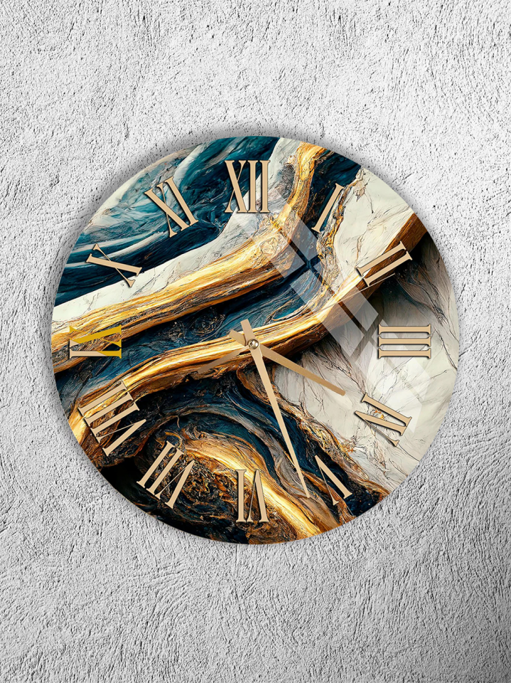 KIRILMAZ CAM DUVAR SAATİ, LACİVERT GOLD MERMER DESEN, HEM TABLO HEM SAAT, LÜKS EV OFİS HEDİYESİ