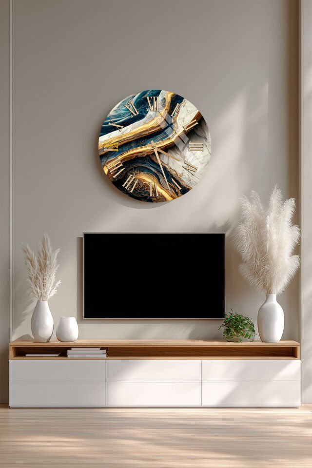 KIRILMAZ CAM DUVAR SAATİ, LACİVERT GOLD MERMER DESEN, HEM TABLO HEM SAAT, LÜKS EV OFİS HEDİYESİ