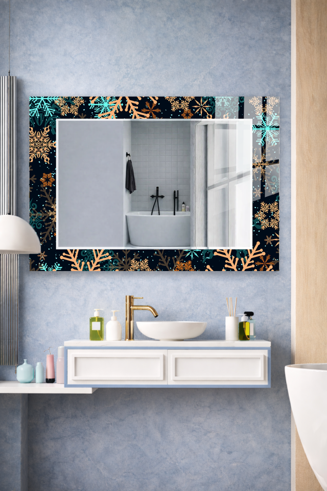 HEM TABLO HEM AYNA ALTIN KAR TANESİ KIŞ TEMALI CAM DUVAR AYNASI EV DEKORU