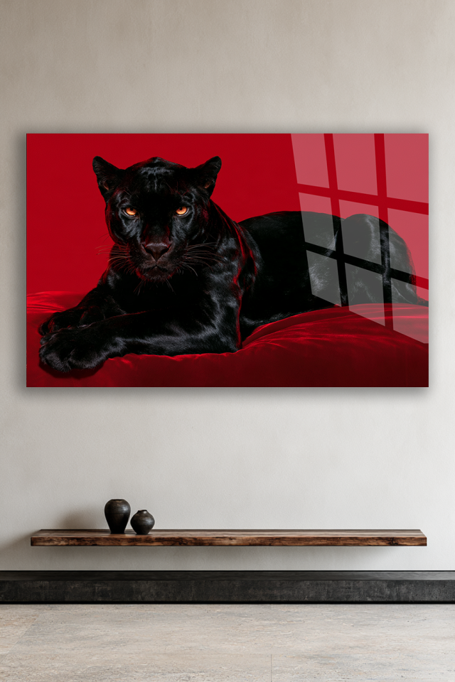 SİYAH PANTER FİGÜRLÜ KIRMIZI KADİFE ZEMİN DEKORATİF CAM TABLO EV OFİS HEDİYESİ