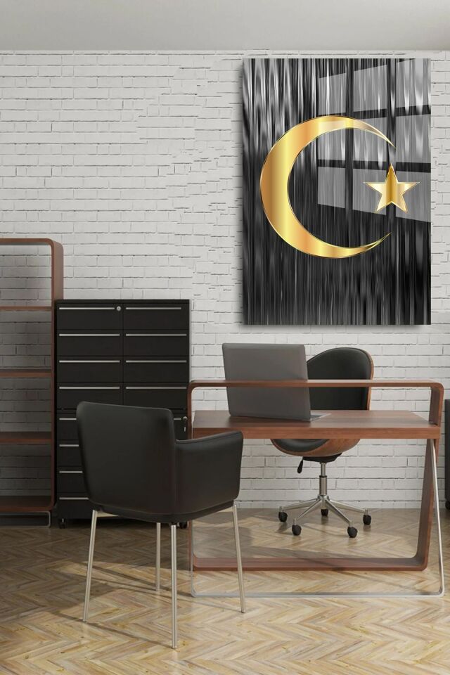 Gold Ay Yıldız Türk Bayrağı Kırılmaz Cam Tablo, Ev Ofis Hediyesi Yüksek Çözünürlüklü 4mm Cam Tablo sarı