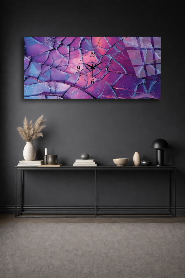 KIRILMAZ CAM DUVAR SAATİ , HEM TABLO HEM SAAT MOR MAVİ KIRIK CAM DESEN EV OFİS HEDİYESİ