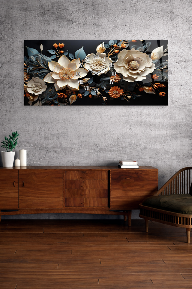 KIRILMAZ CAM DUVAR SAATİ , HEM TABLO HEM SAAT SİYAH ZEMİN ÇİÇEKLİ SANATSAL TASARIM EV OFİS HEDİYESİ