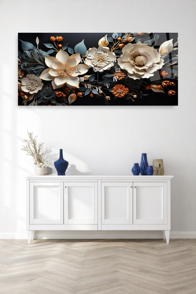 KIRILMAZ CAM DUVAR SAATİ , HEM TABLO HEM SAAT SİYAH ZEMİN ÇİÇEKLİ SANATSAL TASARIM EV OFİS HEDİYESİ