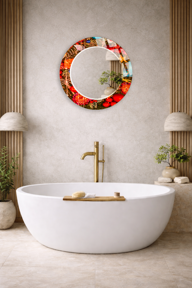 HEM TABLO HEM AYNA MOZAİK SANAT DESENLİ CAM DUVAR AYNASI EV DEKORU