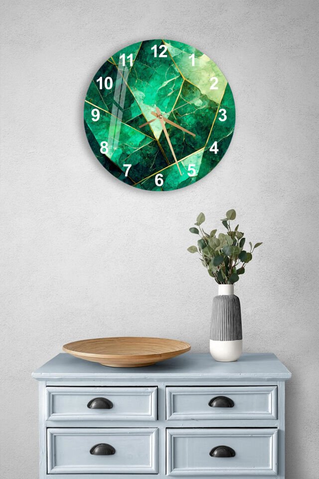 KIRILMAZ CAM DUVAR SAATİ, YEŞİL MERMER GOLD DAMARLI, HEM TABLO HEM SAAT, ŞIK EV OFİS HEDİYESİ