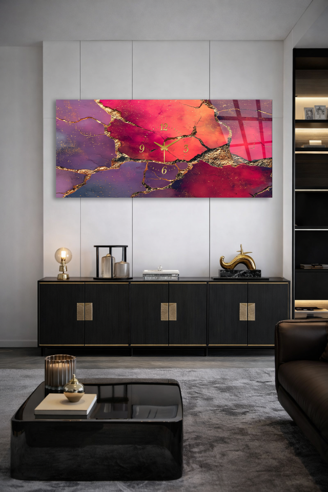 KIRILMAZ CAM DUVAR SAATİ , HEM TABLO HEM SAAT KIRMIZI ALTIN MERMER DESEN EV OFİS HEDİYESİ