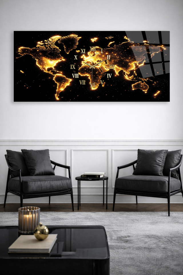 KIRILMAZ CAM DUVAR SAATİ , HEM TABLO HEM SAAT ALTIN RENK DÜNYA HARİTASI TASARIM EV OFİS HEDİYESİ