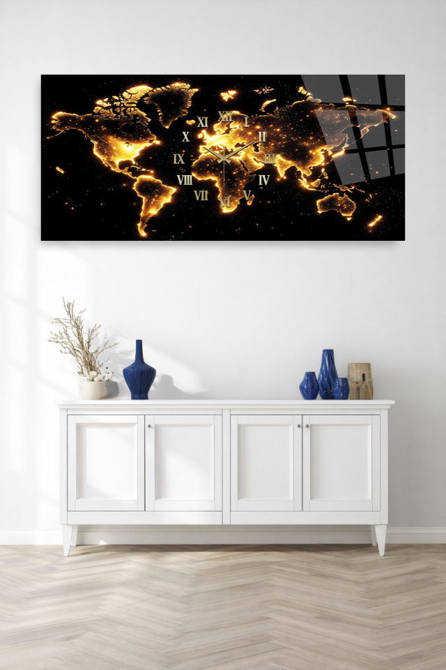KIRILMAZ CAM DUVAR SAATİ , HEM TABLO HEM SAAT ALTIN RENK DÜNYA HARİTASI TASARIM EV OFİS HEDİYESİ