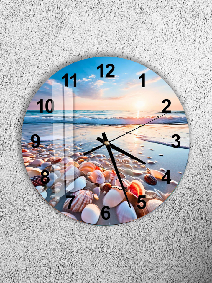 KIRILMAZ CAM DUVAR SAATİ, HEM TABLO HEM SAAT DENİZ KABUĞU SAHİL GÜN BATIMI MANZARA EV OFİS HEDİYESİ
