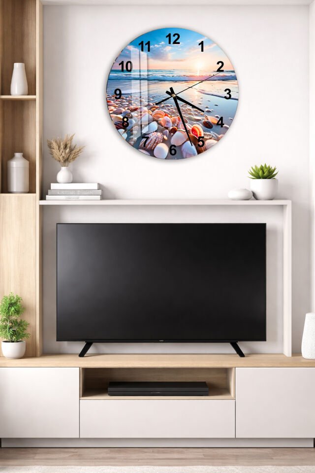 KIRILMAZ CAM DUVAR SAATİ, HEM TABLO HEM SAAT DENİZ KABUĞU SAHİL GÜN BATIMI MANZARA EV OFİS HEDİYESİ