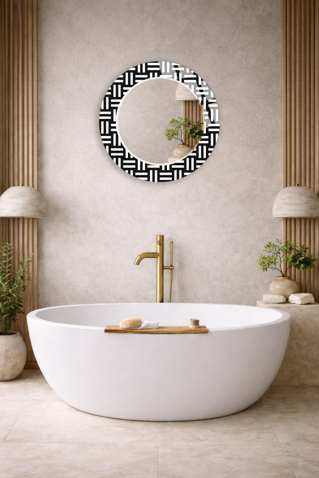 HEM TABLO HEM AYNA SİYAH BEYAZ GEOMETRİK DESENLİ CAM DUVAR AYNASI EV DEKORU