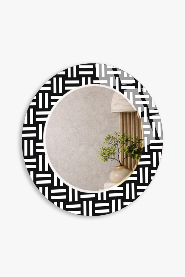 HEM TABLO HEM AYNA SİYAH BEYAZ GEOMETRİK DESENLİ CAM DUVAR AYNASI EV DEKORU