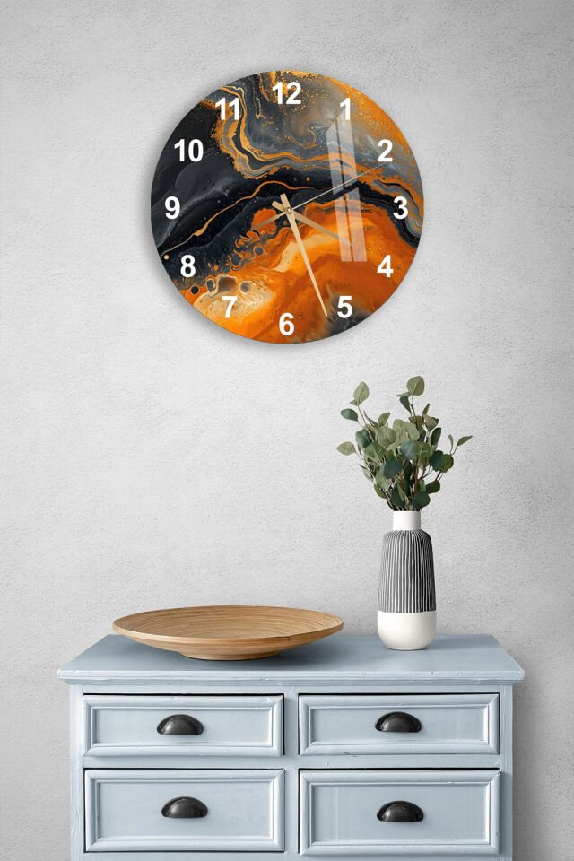 KIRILMAZ CAM DUVAR SAATİ, SİYAH TURUNCU SOYUT MERMER DESEN, HEM TABLO HEM SAAT, MODERN EV OFİS HEDİYESİ