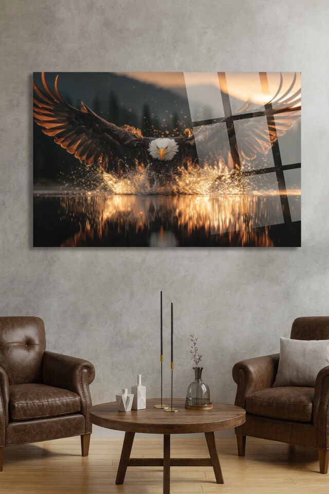 ALTIN IŞIK EFEKTLI GÜÇLÜ KARTAL TASARIMLI EV HEDİYESİ TABLO CANLI RENKLER KIRILMAZ LÜKS CAM TABLO Turuncu