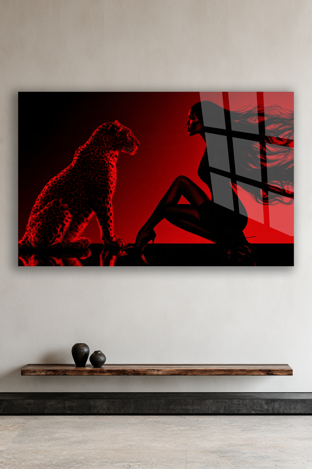 KIRMIZI SİLUET KADIN VE LEOPAR FİGÜRLÜ MODERN CAM TABLO EV OFİS HEDİYESİ