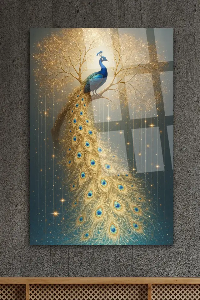 Harika Tavus Kuşu Tasarımı Modern Cam Tablo – Salon, Yatak Odası, Ofis İçin Şık Duvar Tablosu Ekru