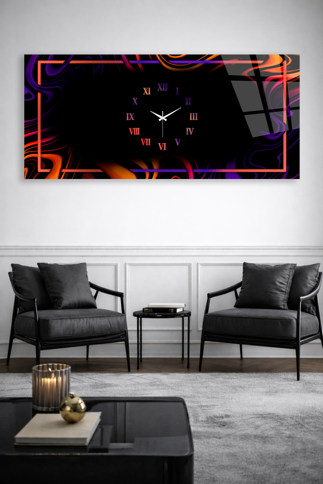 KIRILMAZ CAM DUVAR SAATİ , HEM TABLO HEM SAAT SOYUT RENKLİ MODERN TASARIM EV OFİS HEDİYESİ