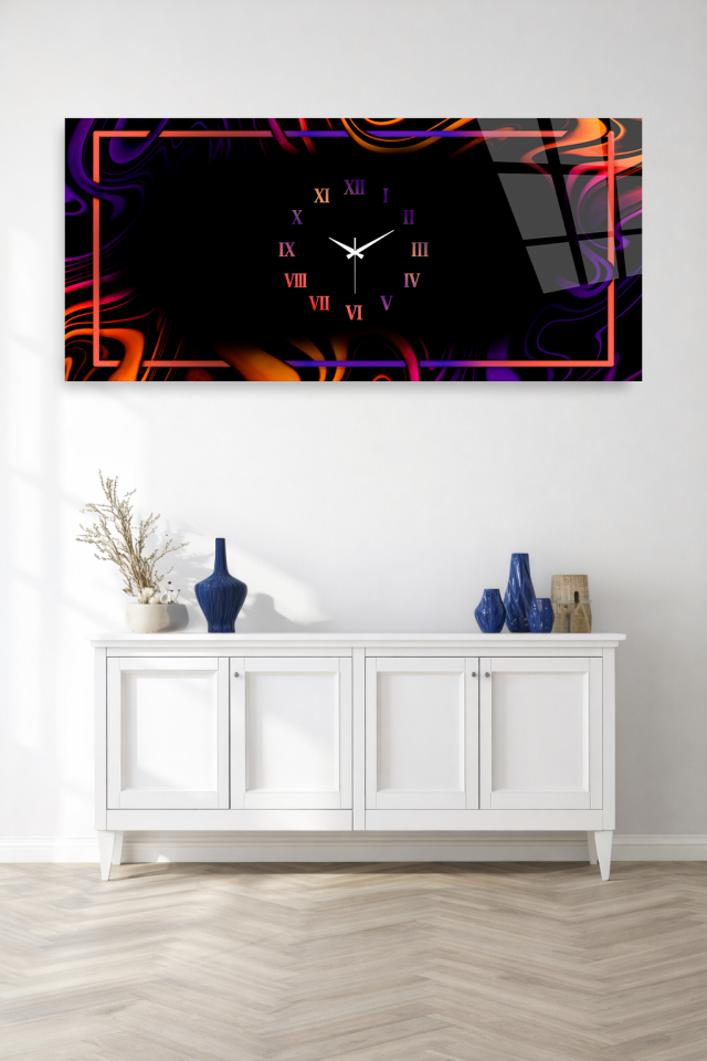 KIRILMAZ CAM DUVAR SAATİ , HEM TABLO HEM SAAT SOYUT RENKLİ MODERN TASARIM EV OFİS HEDİYESİ