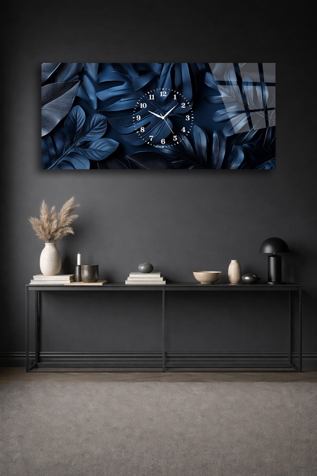 KIRILMAZ CAM DUVAR SAATİ , HEM TABLO HEM SAAT LACİVERT YAPRAK DESEN EV OFİS HEDİYESİ