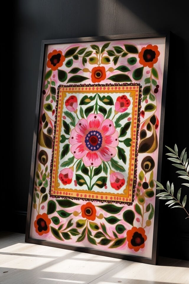 SİYAH - Doğal Ahşap Çerçeveli Vintage Hint Baskısı Duvar Tablosu