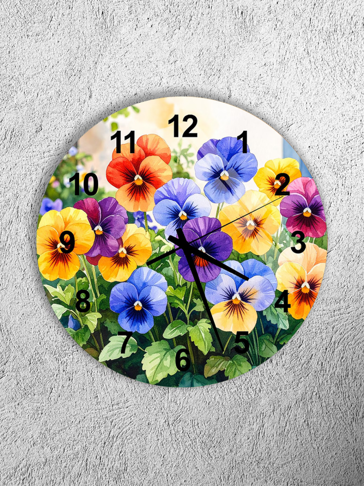 KIRILMAZ CAM DUVAR SAATİ, RENKLİ ÇİÇEK BAHÇESİ DESENLİ, HEM TABLO HEM SAAT, CANLI EV OFİS HEDİYESİ