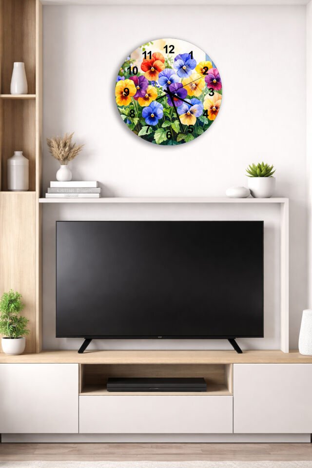 KIRILMAZ CAM DUVAR SAATİ, RENKLİ ÇİÇEK BAHÇESİ DESENLİ, HEM TABLO HEM SAAT, CANLI EV OFİS HEDİYESİ