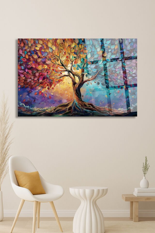ULTRA CANLI RENKLER SOYUT YAŞAM AĞACI TASARIMLI EV HEDİYESİ TABLO MODERN KIRILMAZ LÜKS CAM TABLO Turkuaz