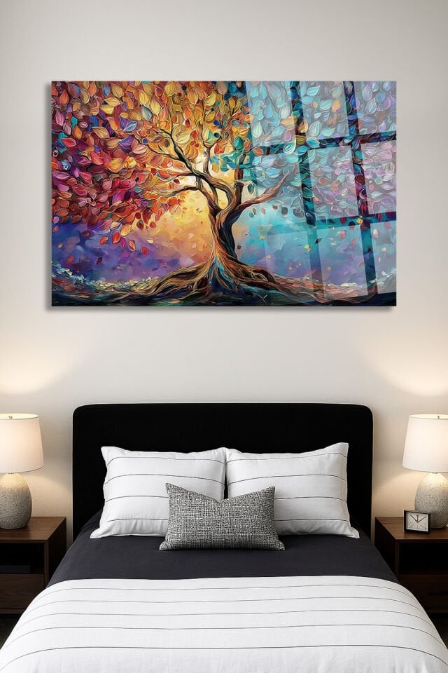 ULTRA CANLI RENKLER SOYUT YAŞAM AĞACI TASARIMLI EV HEDİYESİ TABLO MODERN KIRILMAZ LÜKS CAM TABLO Turkuaz