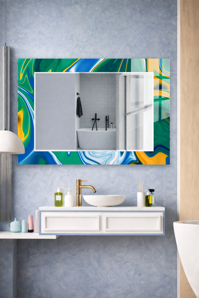 HEM TABLO HEM AYNA YEŞİL MAVİ AKIŞKAN SANAT CAM DUVAR AYNASI EV DEKORU