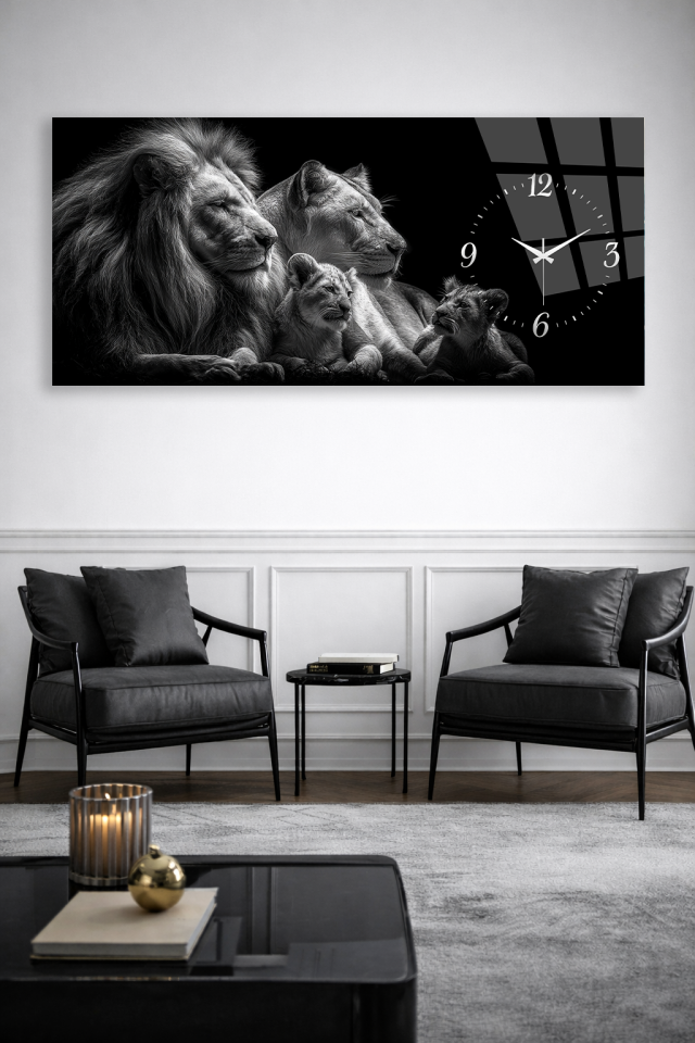 KIRILMAZ CAM DUVAR SAATİ , HEM TABLO HEM SAAT ASLAN AİLESİ SİYAH BEYAZ SANATSAL EV OFİS HEDİYESİ