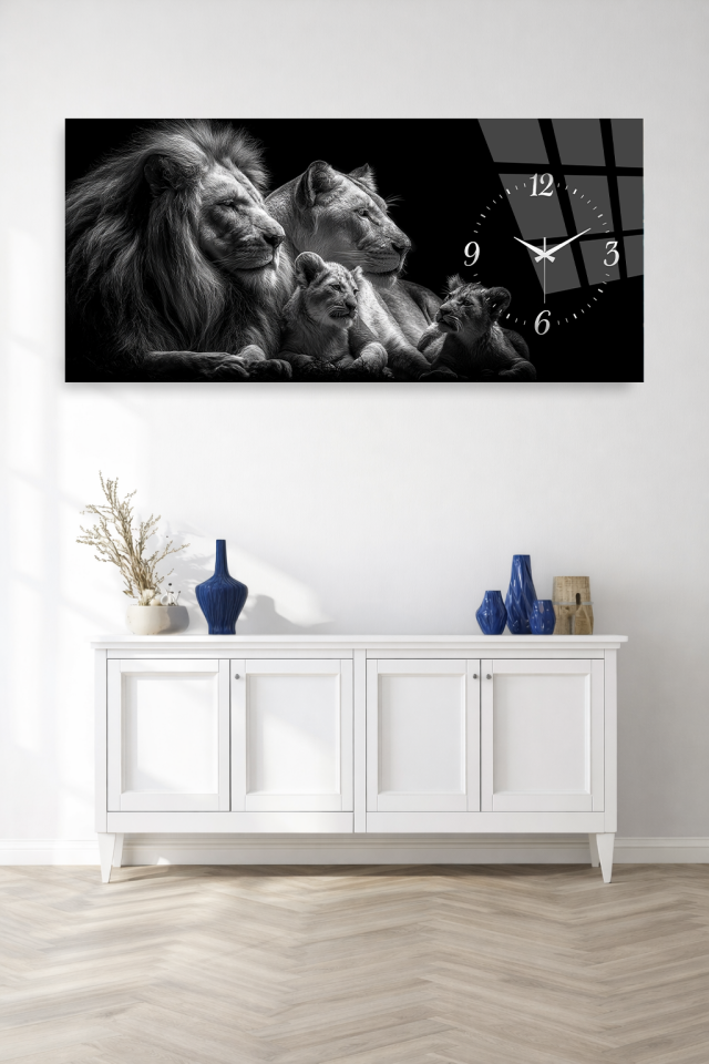 KIRILMAZ CAM DUVAR SAATİ , HEM TABLO HEM SAAT ASLAN AİLESİ SİYAH BEYAZ SANATSAL EV OFİS HEDİYESİ