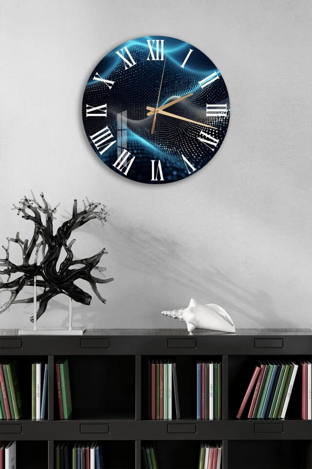 KIRILMAZ CAM DUVAR SAATİ, HEM TABLO HEM SAAT MAVİ DALGA DİJİTAL SOYUT MODERN EV OFİS HEDİYESİ