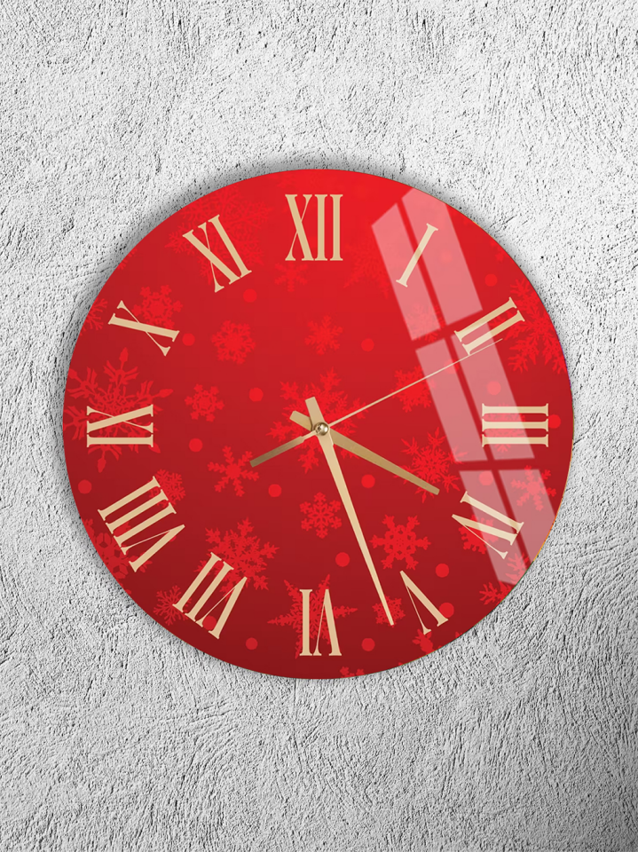 KIRILMAZ CAM DUVAR SAATİ, KIRMIZI ZEMİN KAR TANESİ DESENLİ, HEM TABLO HEM SAAT, YILBAŞI EV OFİS HEDİYESİ