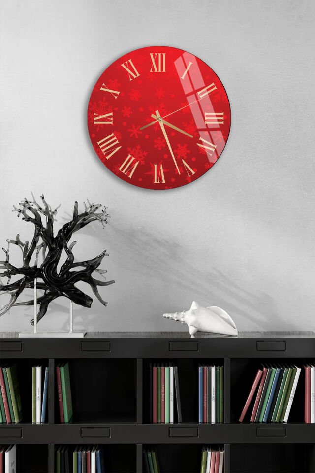 KIRILMAZ CAM DUVAR SAATİ, KIRMIZI ZEMİN KAR TANESİ DESENLİ, HEM TABLO HEM SAAT, YILBAŞI EV OFİS HEDİYESİ