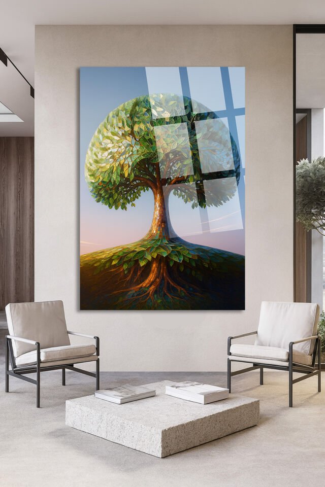 MOZAİK DOKULU YAŞAM AĞACI TASARIMLI TABLO MODERN ULTRA CANLI RENKLER KIRILMAZ CAM TABLO Yeşil