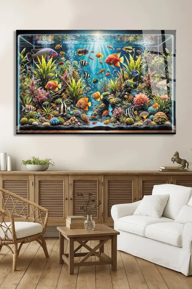 KIRILMAZ LÜKS CAM TABLO ULTRA CANLI TROPİKAL BALIK VE MERCAN MANZARASI SALON OFİS DUVAR DEKORU Mavi