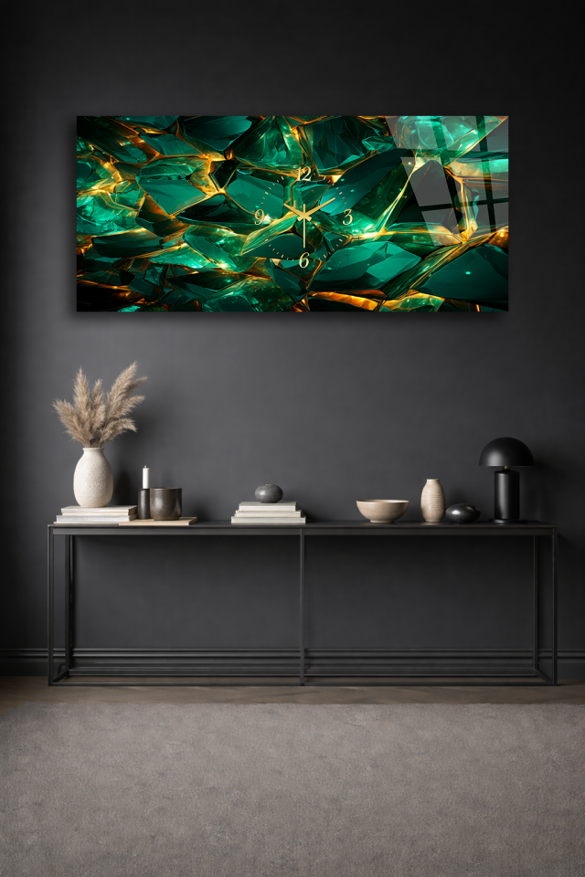 KIRILMAZ CAM DUVAR SAATİ , HEM TABLO HEM SAAT ZÜMRÜT YEŞİLİ ALTIN DAMARLI TASARIM EV OFİS HEDİYESİ