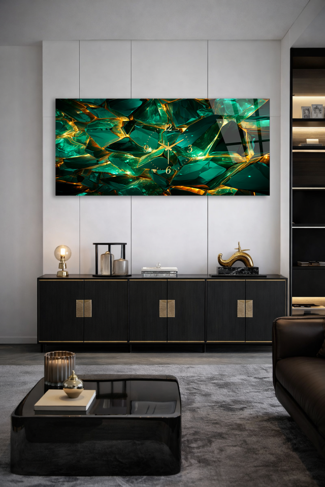 KIRILMAZ CAM DUVAR SAATİ , HEM TABLO HEM SAAT ZÜMRÜT YEŞİLİ ALTIN DAMARLI TASARIM EV OFİS HEDİYESİ