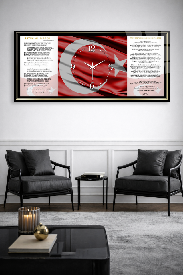 KIRILMAZ CAM DUVAR SAATİ , HEM TABLO HEM SAAT TÜRK BAYRAĞI İSTİKLAL MARŞI EV OFİS HEDİYESİ
