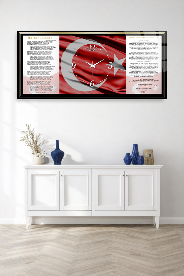 KIRILMAZ CAM DUVAR SAATİ , HEM TABLO HEM SAAT TÜRK BAYRAĞI İSTİKLAL MARŞI EV OFİS HEDİYESİ
