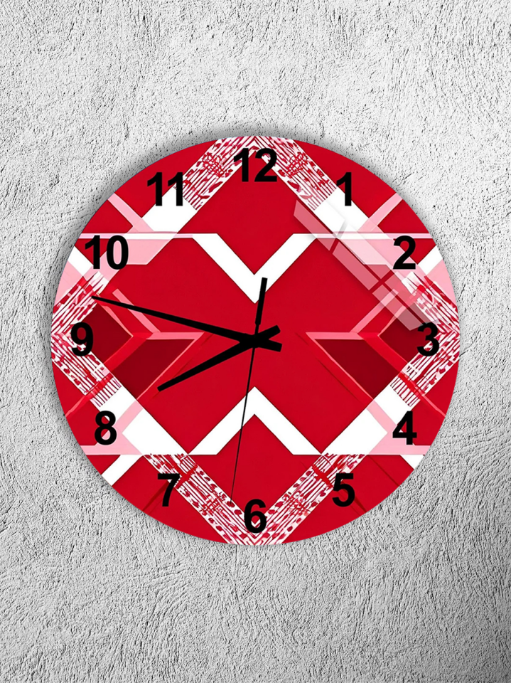 KIRILMAZ CAM DUVAR SAATİ, HEM TABLO HEM SAAT KIRMIZI GEOMETRİK ÇAPRAZ DESEN MODERN EV OFİS HEDİYESİ