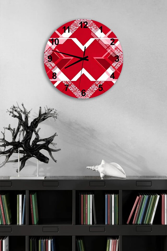 KIRILMAZ CAM DUVAR SAATİ, HEM TABLO HEM SAAT KIRMIZI GEOMETRİK ÇAPRAZ DESEN MODERN EV OFİS HEDİYESİ